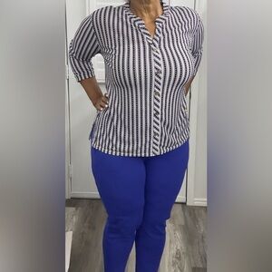 Set of two:Striped Button-Up Blouse and Blue Pants